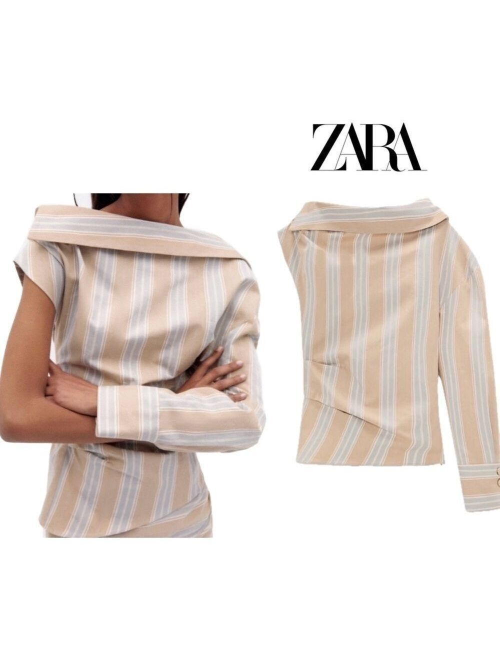 Zara beige striped asymmetrical one shoulder shirt top blouse Sz XS